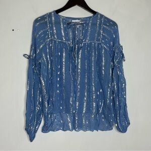 Saylor Tuckernuck Size Small Blouse Chiffon Silver Metallic Peasant Yoke Boho